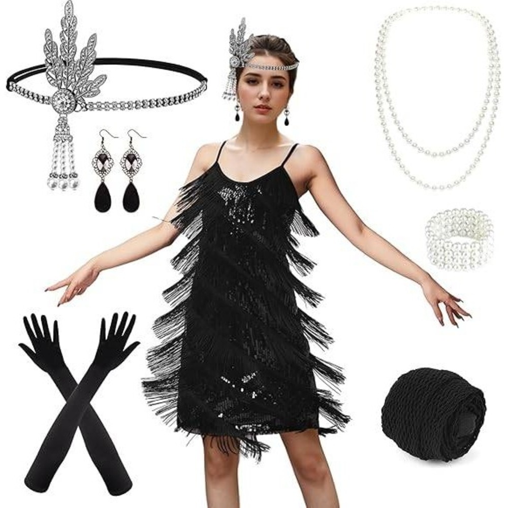 PLULON Women's L Black 1920s Gatsby Sequin Fringed Vintage Flapper Dress w/ 20s